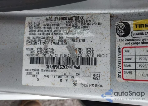 2012 Ford Fusion Sel z USA, uszkodzony, nr VIN 3FAHP0CG2CR441968